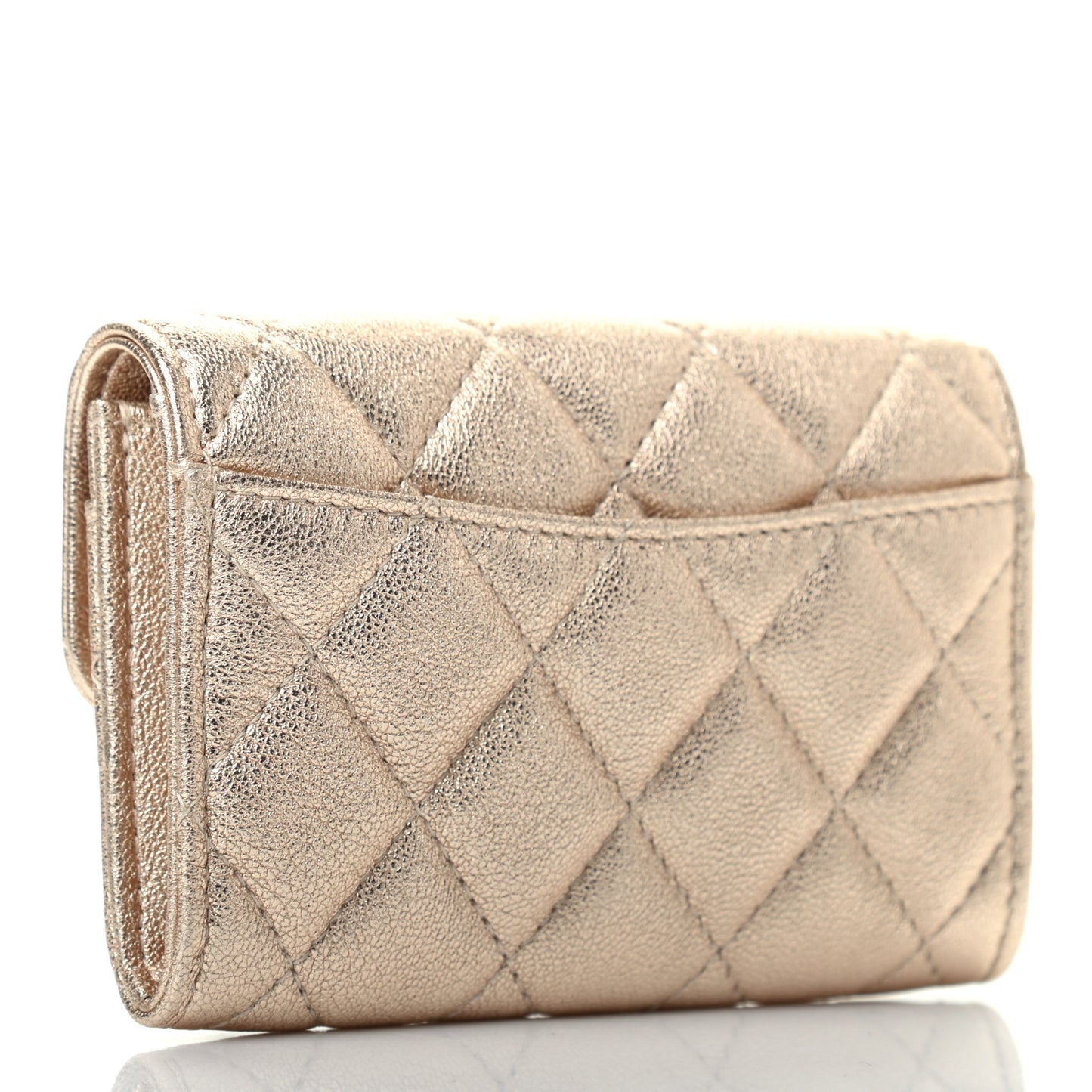 Metallic Lambskin Quilted Flap Card Holder Wallet Gold