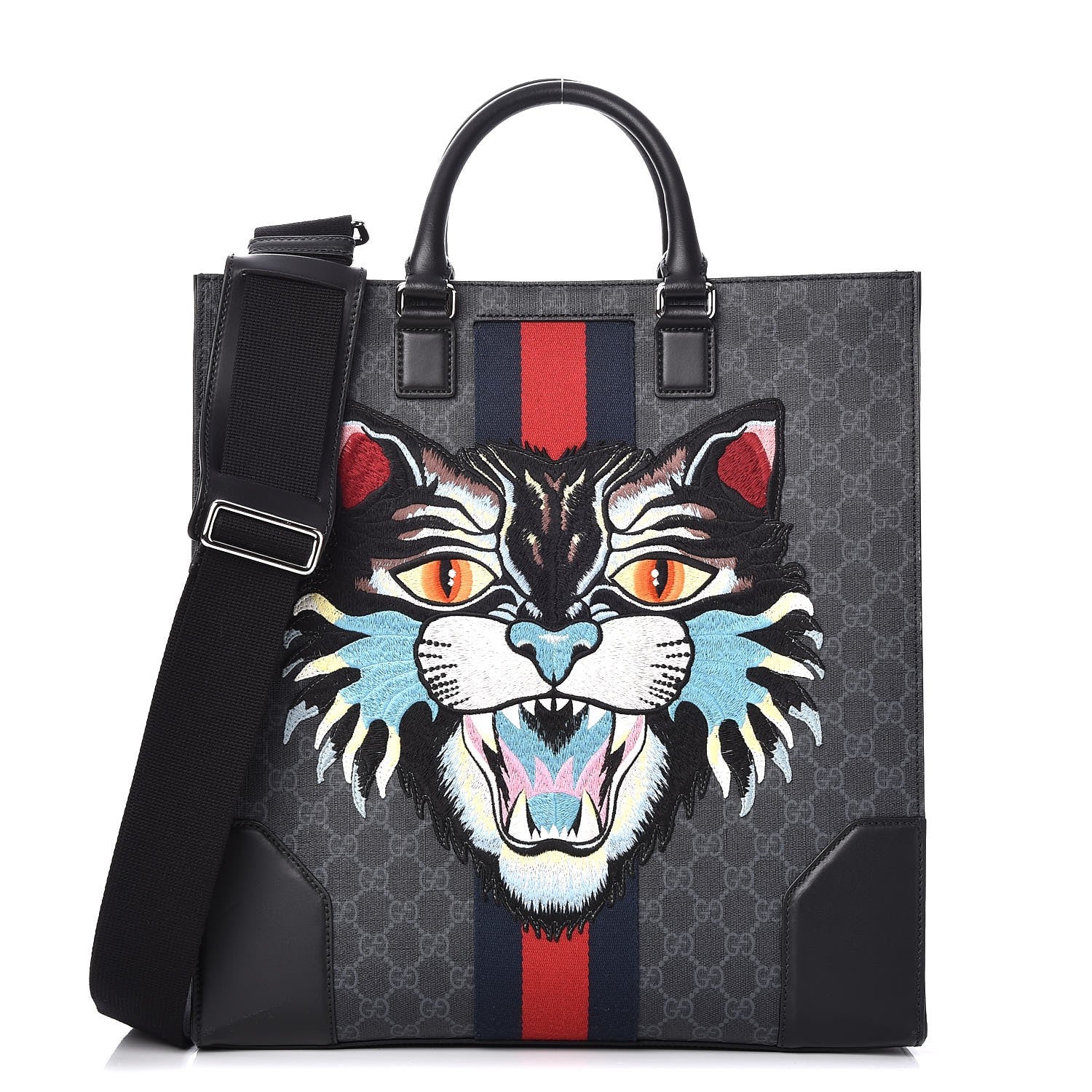 Gucci GG Supreme Monogram Web Angry Cat Embroidered Vertical Tote Black Grey 1 of 7