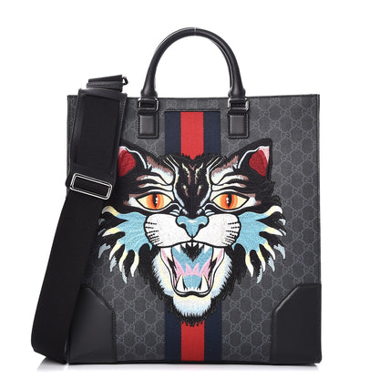 Gucci GG Supreme Monogram Web Angry Cat Embroidered Vertical Tote Black Grey 1 of 7