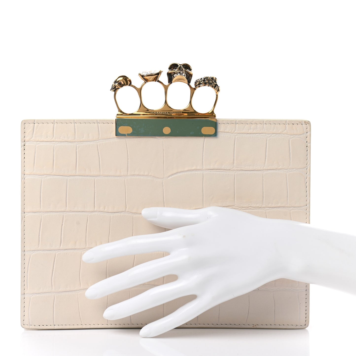Calfskin Crocodile Embossed Knuckle Flat Clutch Ivory