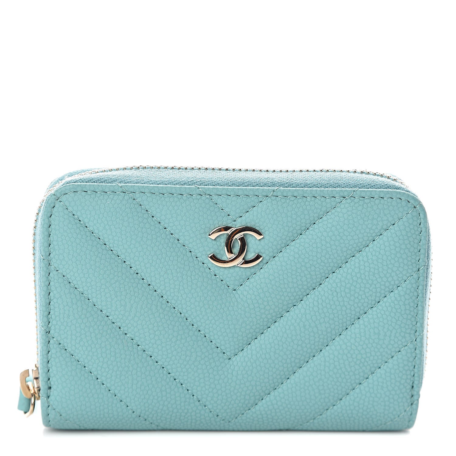 Chanel Caviar Flat Chevron Quilted Zip Coin Purse Green 1 of 8