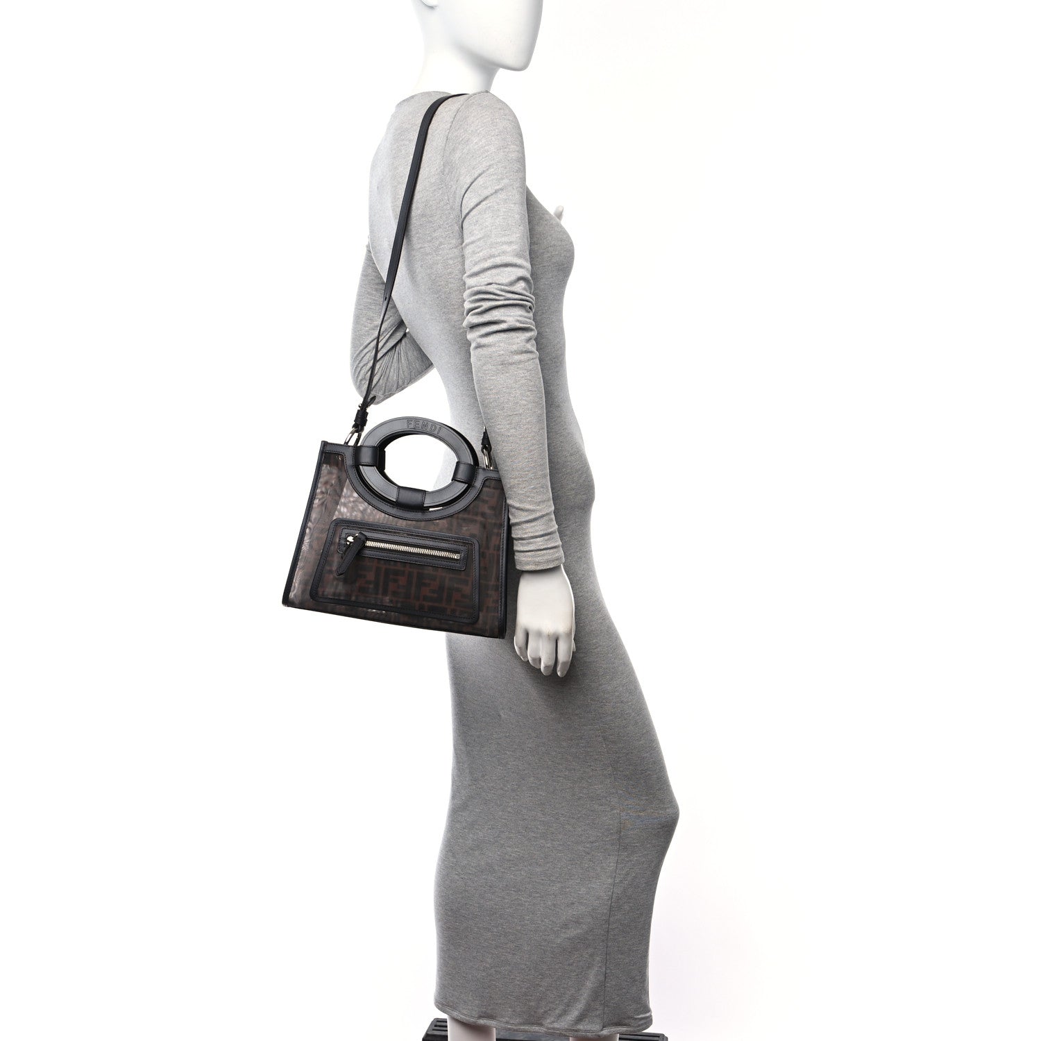 Fendi Mesh Vitello Century Cuoio FF 1974 Small Runaway Shopper Tote Marrone Black Ebano 2 of 8