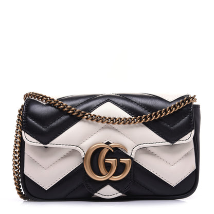 Gucci Calfskin Matelasse Super Mini GG Marmont Shoulder Bag Black White 1 of 13