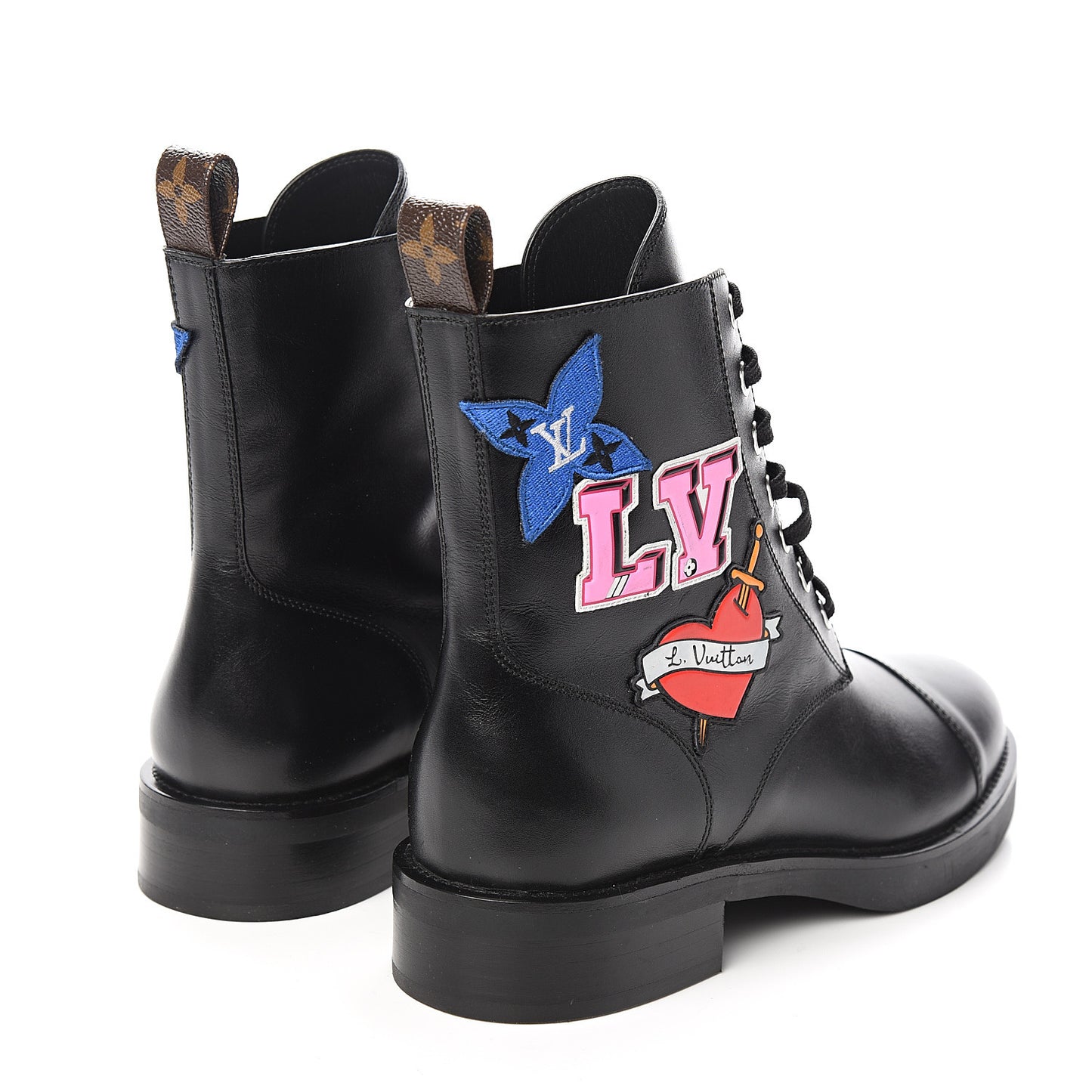 Calfskin LV Black Heart Flat Ranger Boots 37.5 Black
