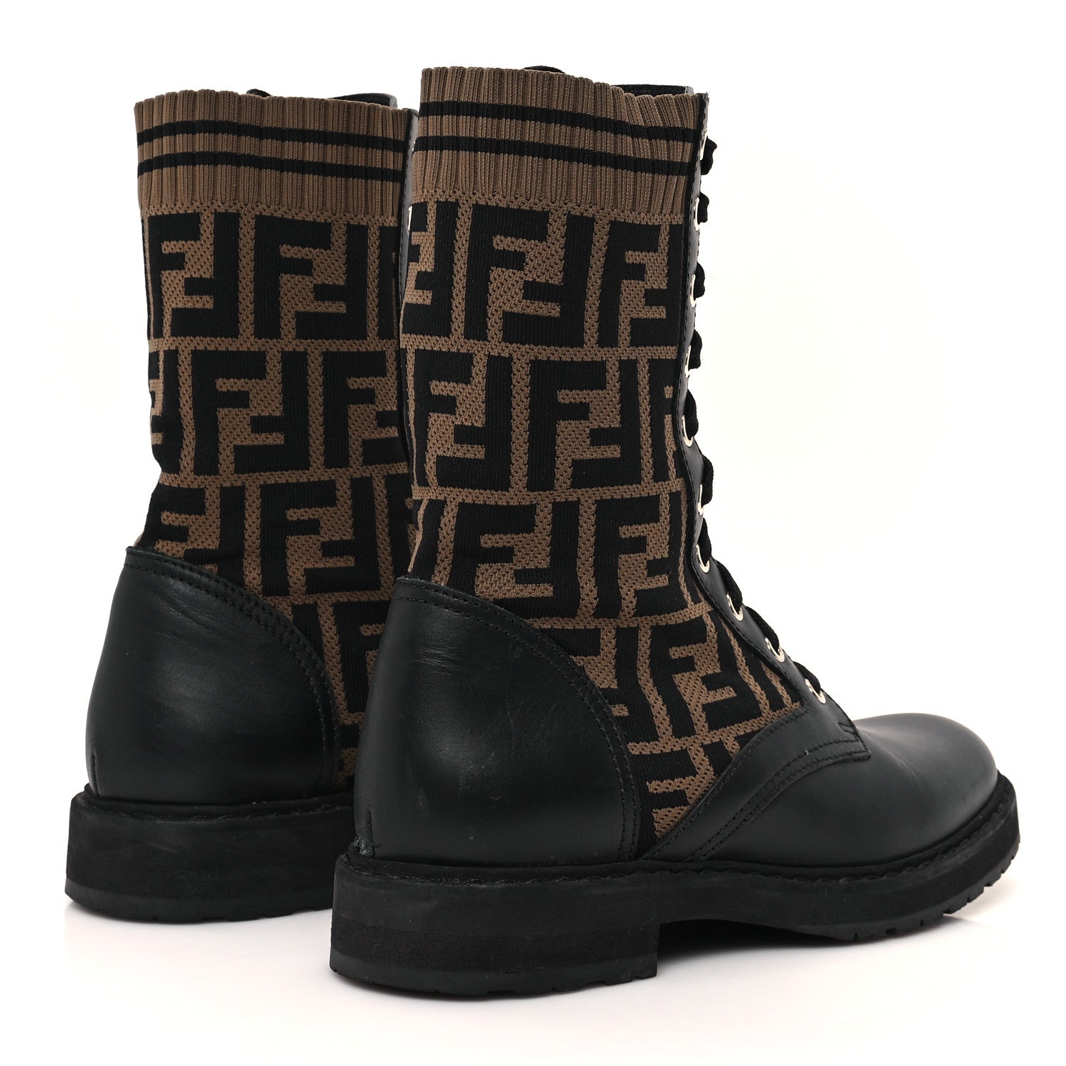 Fendi Calfskin Stretch Fabric FF Rockoko Biker Boots 37.5 Black Tobacco 5 of 7
