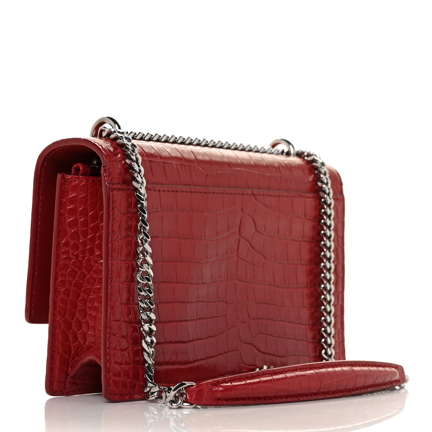 Calfskin Crocodile Embossed Monogram Sunset Chain Wallet New Lipstick Red