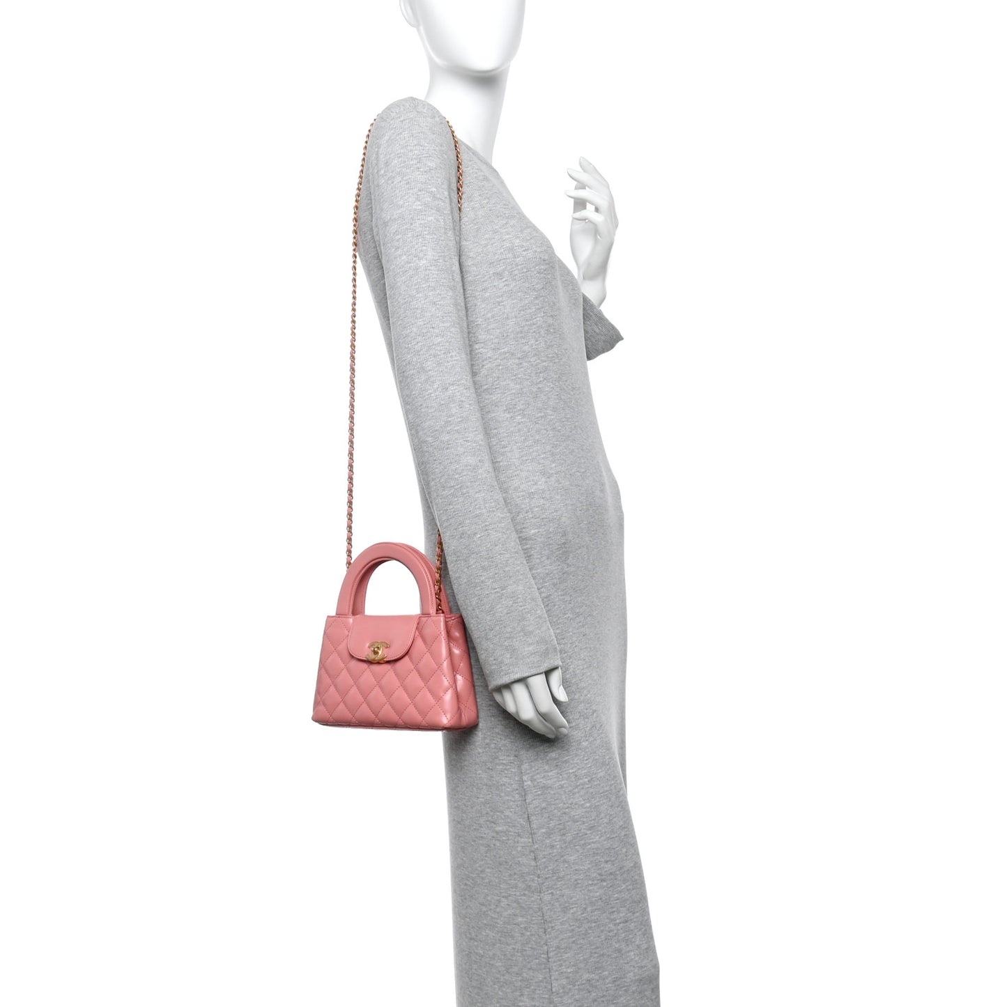 Shiny Aged Calfskin Quilted Nano Kelly Shopper Coral Pink