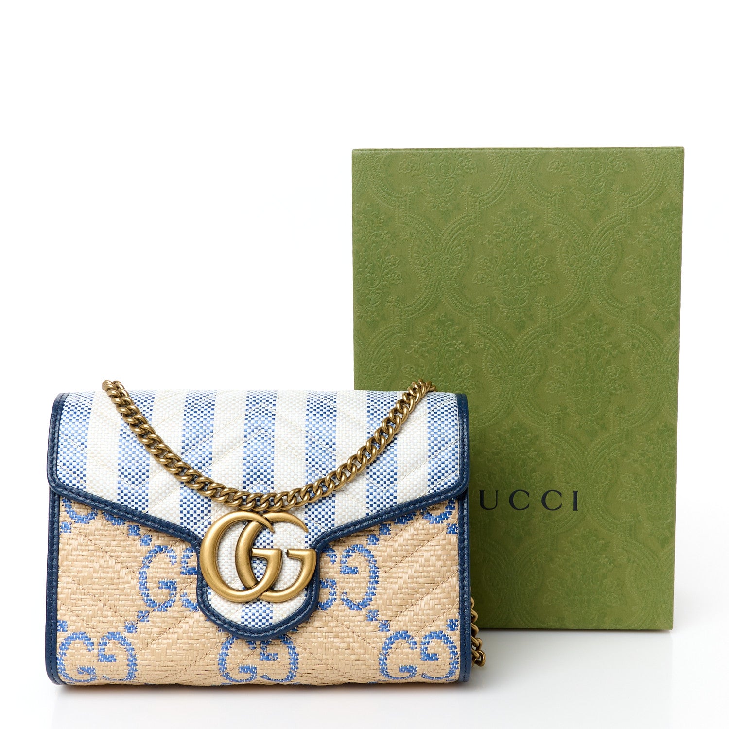 Gucci Raffia GG Monogram Matelasse GG Marmont Chain Wallet Mystic White Royale Natural 10 of 10