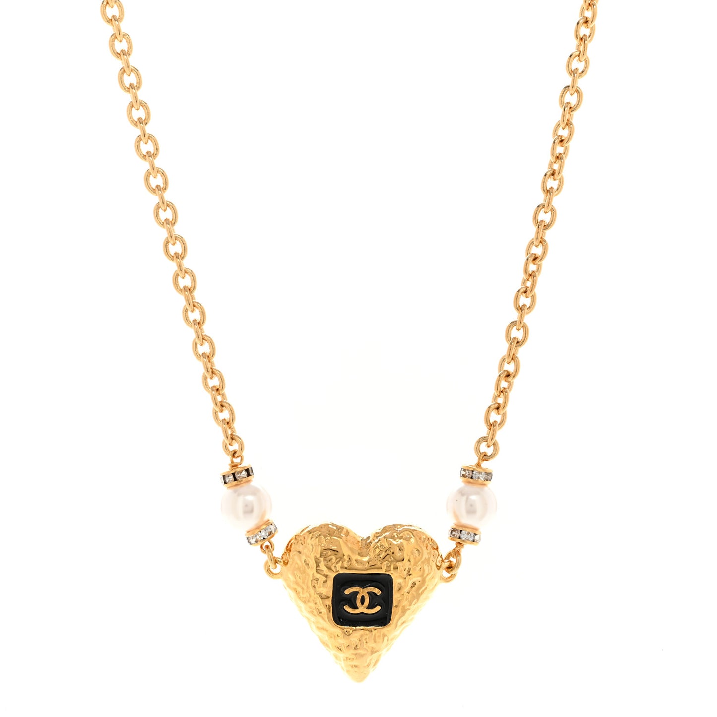 Resin Crystal Pearl Chain Heart CC Pendant Choker Necklace Black White Gold