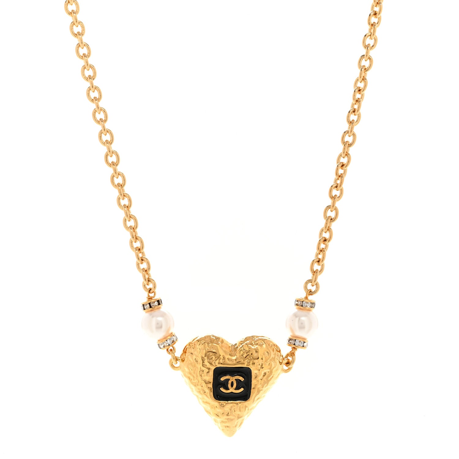 Chanel Resin Crystal Pearl Chain Heart CC Pendant Choker Necklace Black White Gold 1 of 6