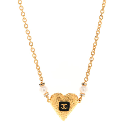 Chanel Resin Crystal Pearl Chain Heart CC Pendant Choker Necklace Black White Gold 1 of 6