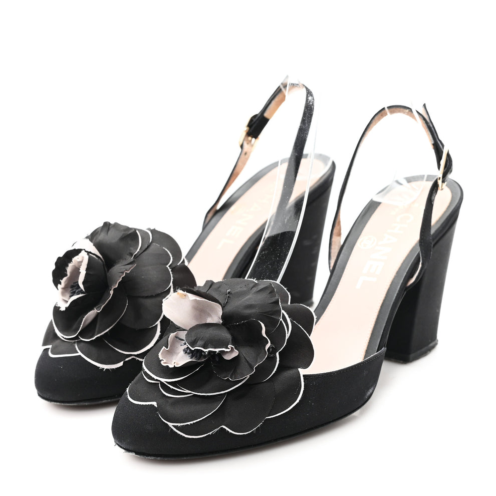Chanel Satin Camelia Block Heels Sandals 37.5 Black 1768982 – FASHIONPHILE