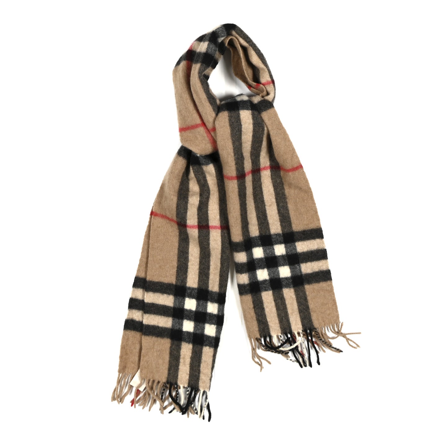 Cashmere Giant Check Fringe Scarf Camel
