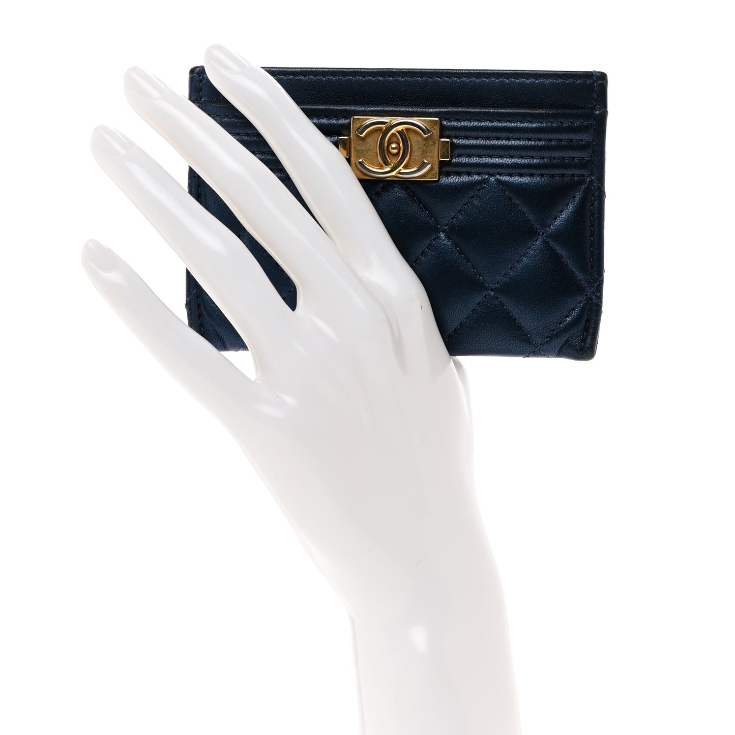 Metallic Lambskin Quilted Boy Card Holder Navy Blue