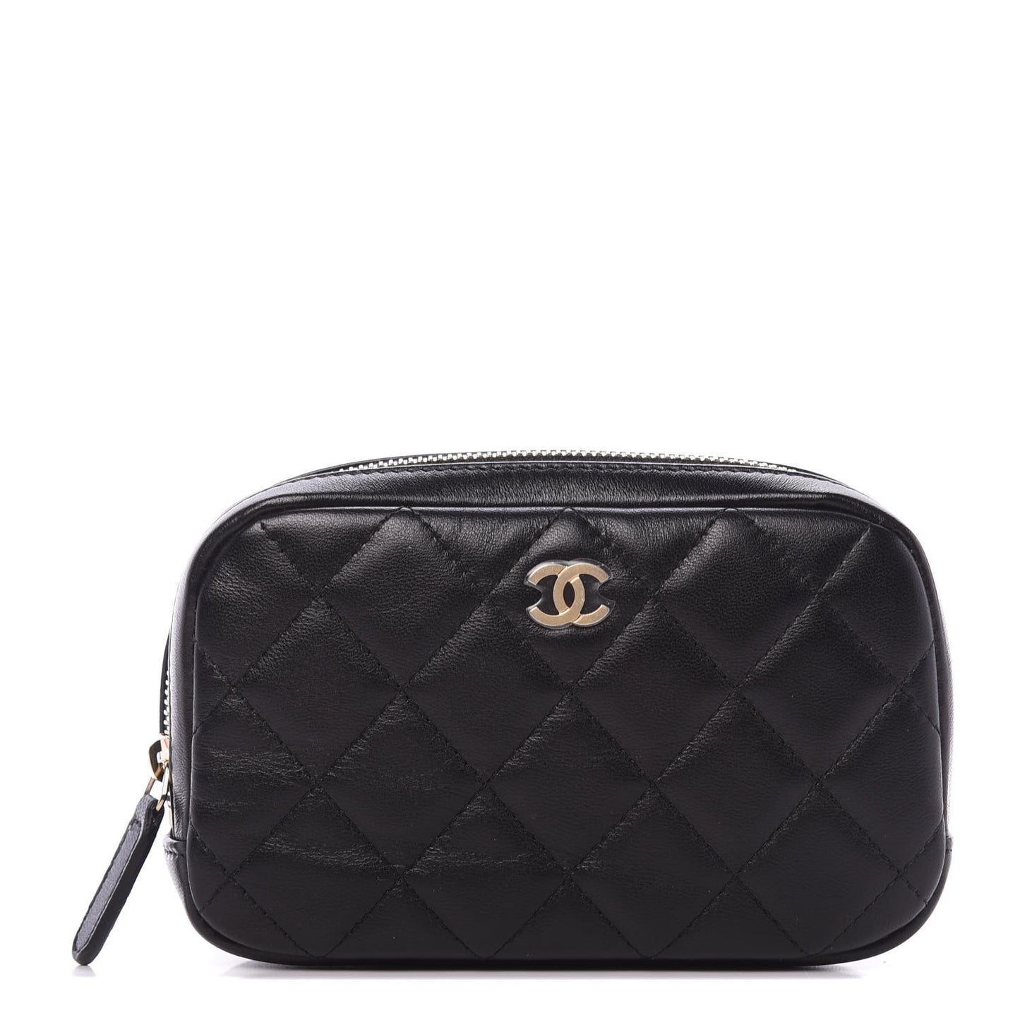 Lambskin Quilted Small Curvy Pouch Cosmetic Case Black