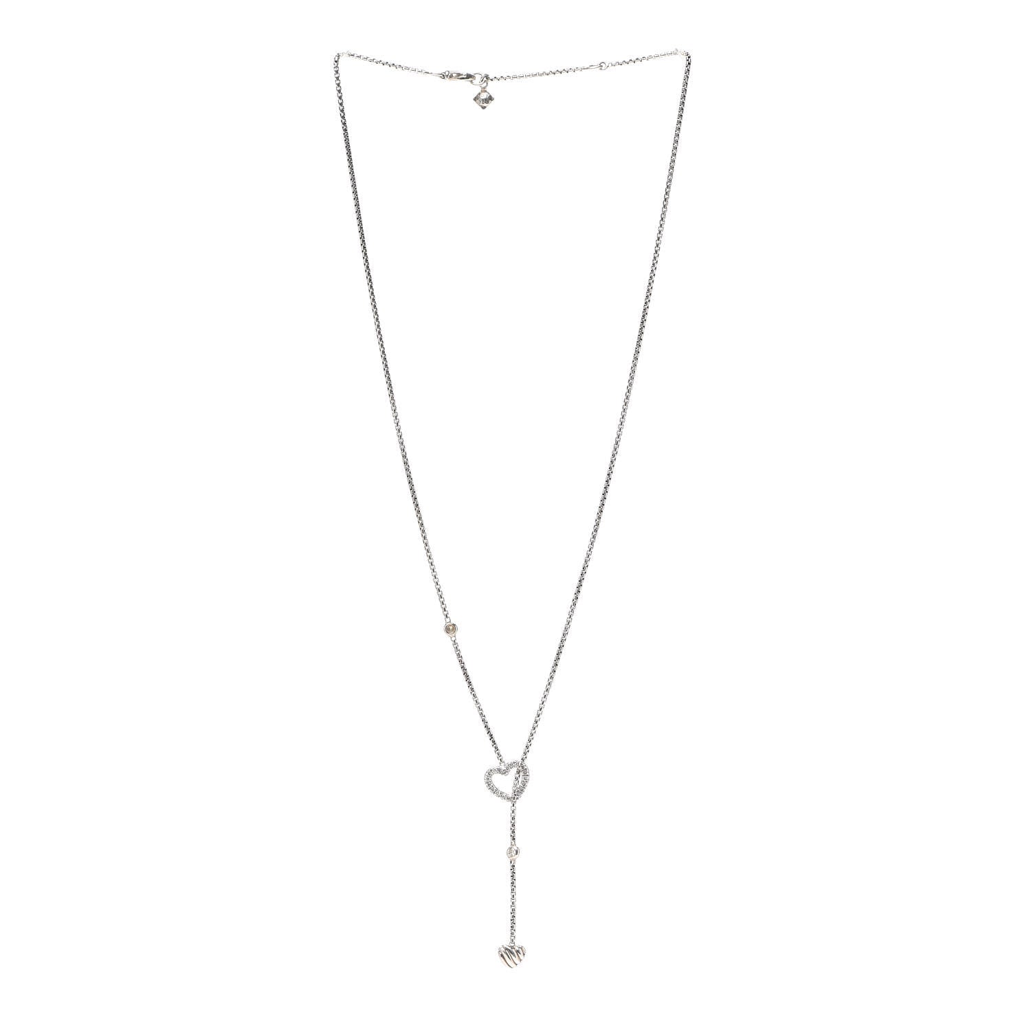 David Yurman Sterling Silver Diamond Open Heart Cable Y Necklace 3 of 5