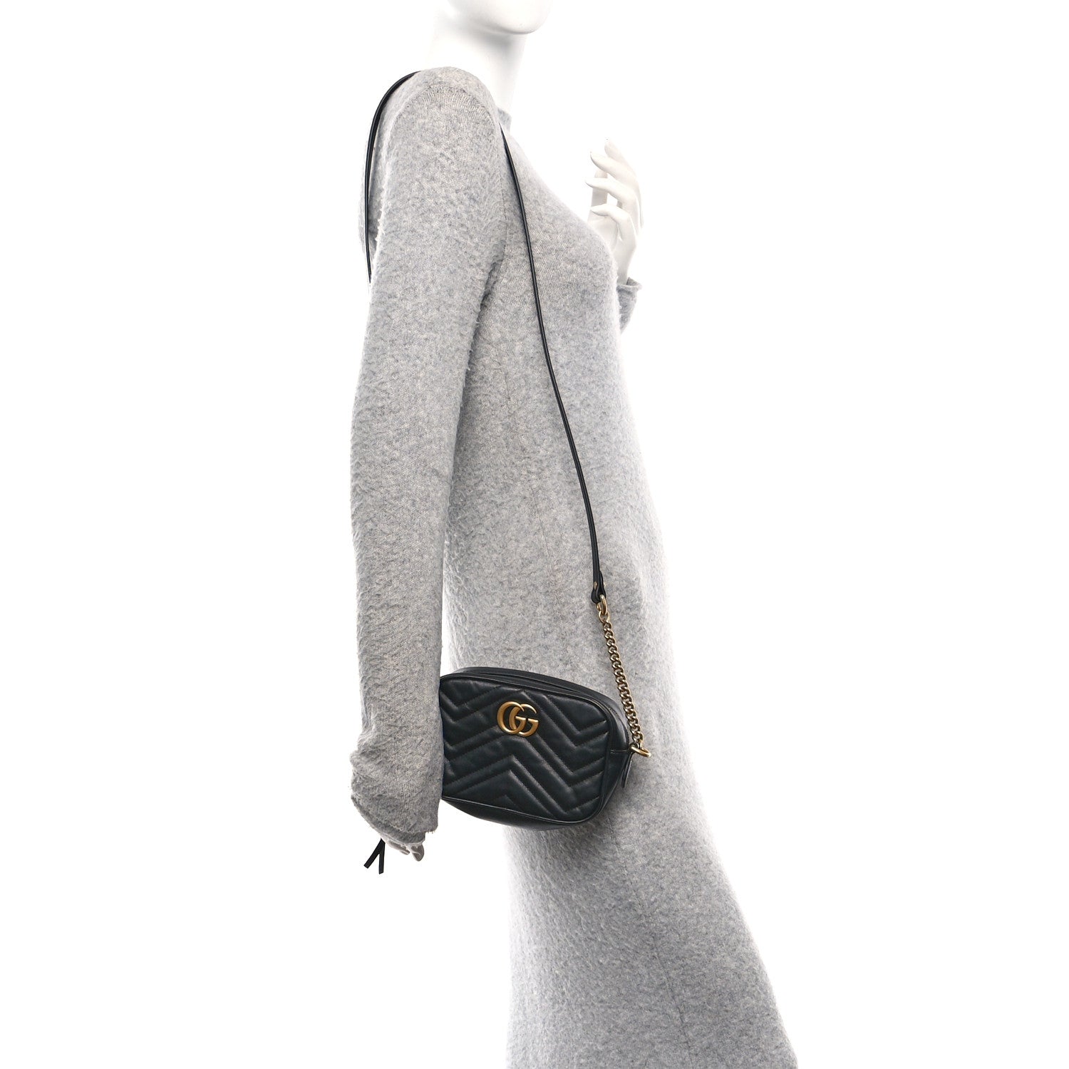 Gucci Calfskin Matelasse Mini GG Marmont Chain Shoulder Bag Black 2 of 14