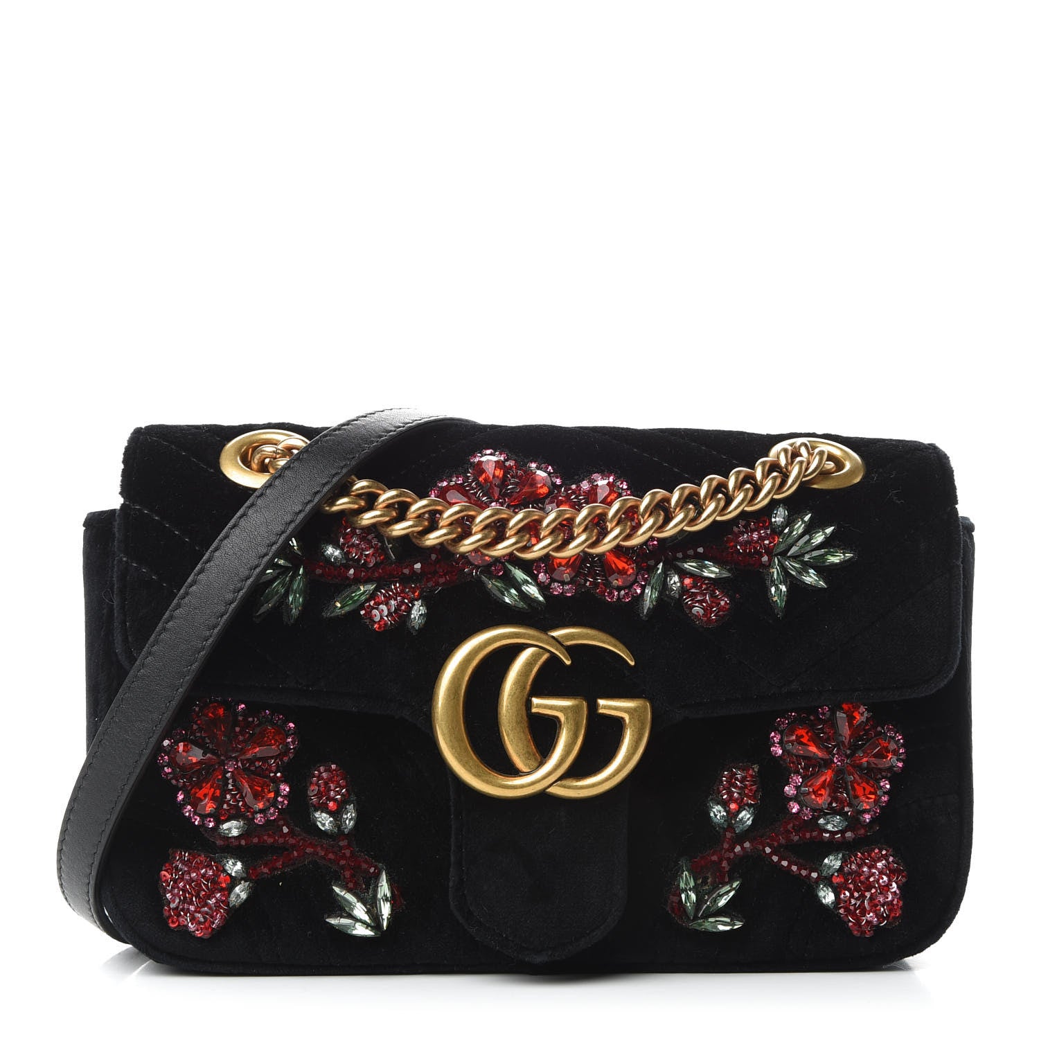 Gucci Velvet Matelasse Embroidered Mini GG Marmont Shoulder Bag Black 1 of 10