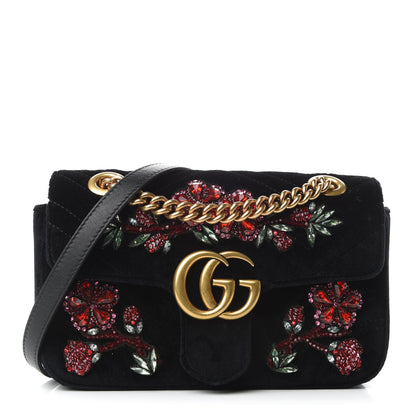 Gucci Velvet Matelasse Embroidered Mini GG Marmont Shoulder Bag Black 1 of 10