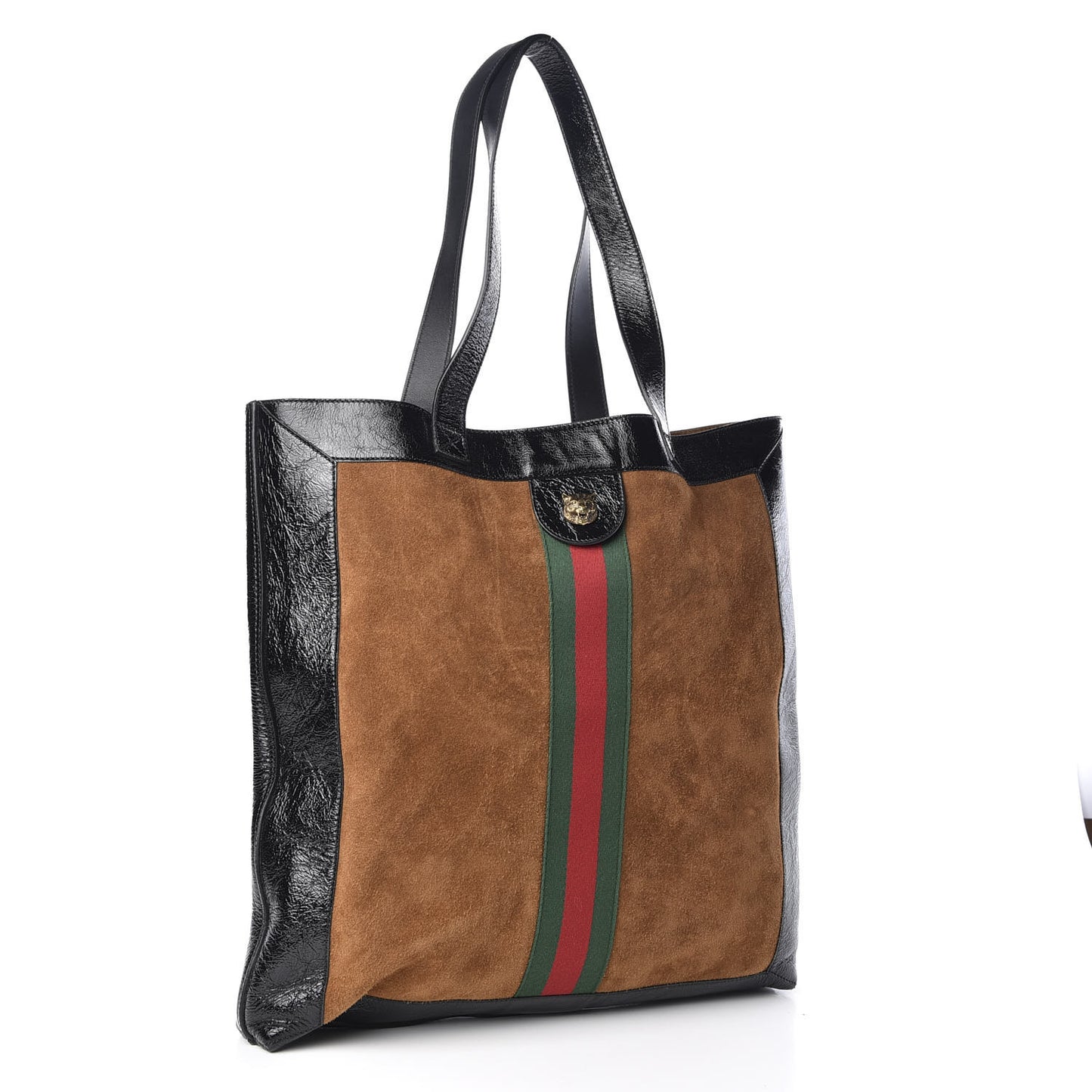 Suede Patent Web Large Ophidia Vertical Shopping Tote Nocciola Black