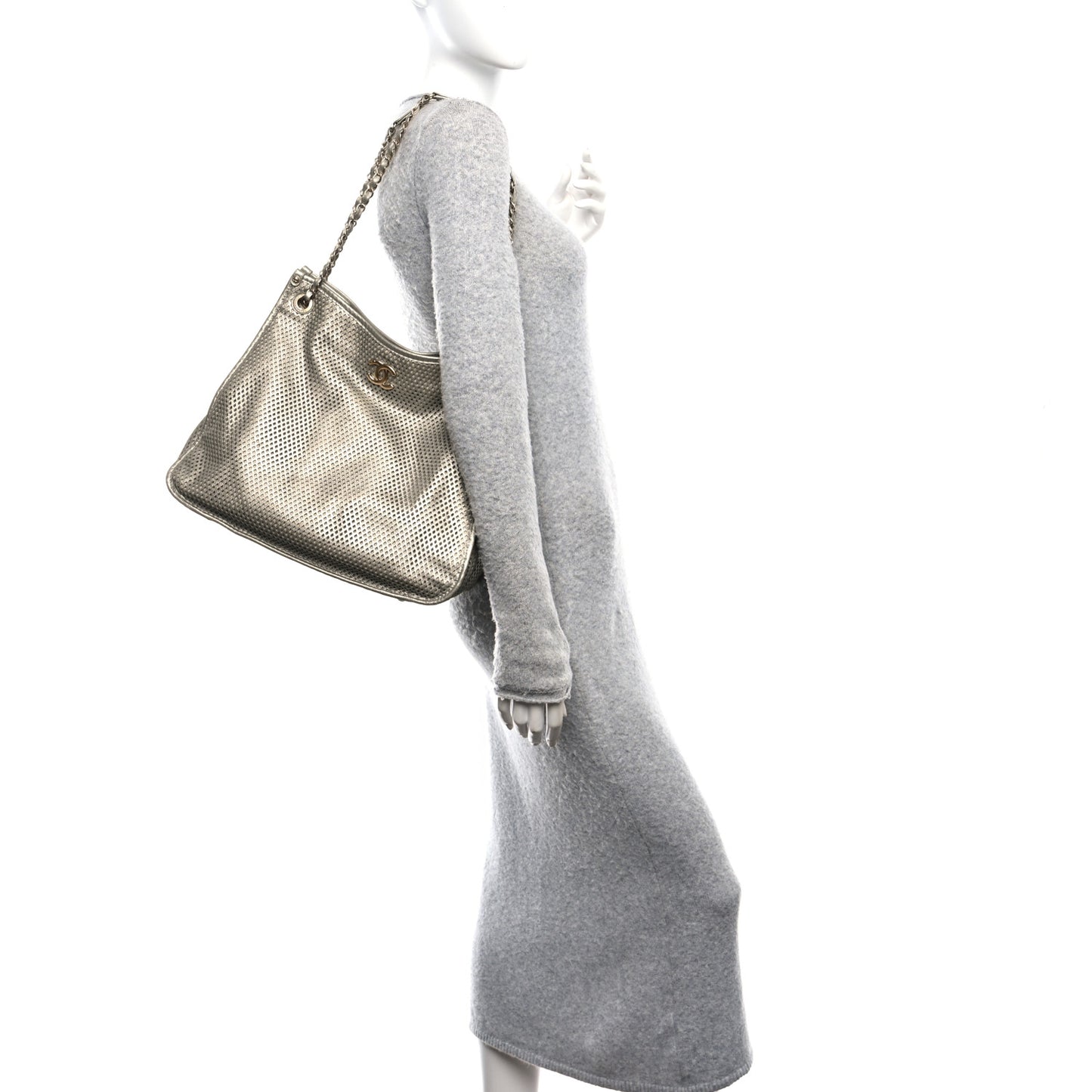 Metallic Calfskin Perforated Up In The Air Tote Silver