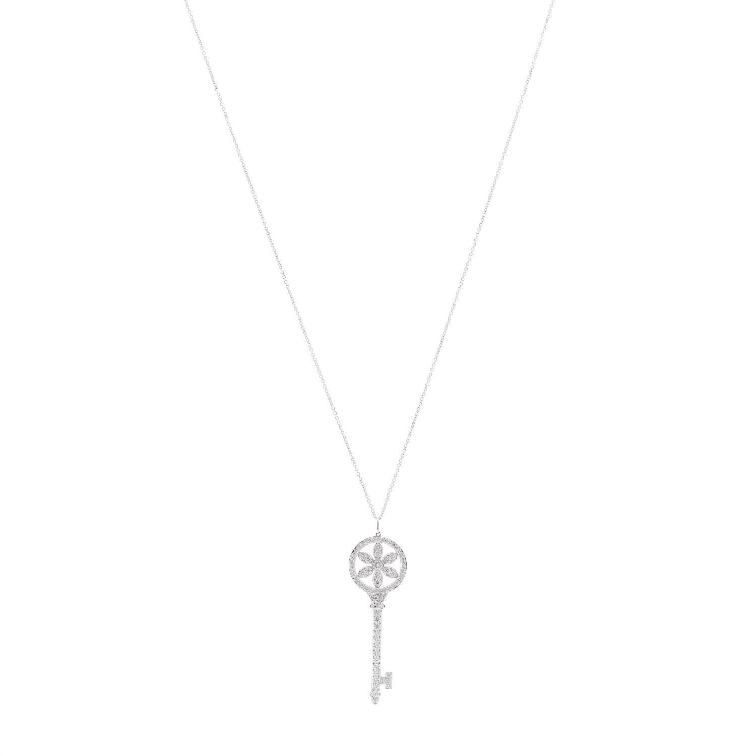 Tiffany Platinum 18K White Gold Diamond Daisy Key Pendant Necklace 1 of 6