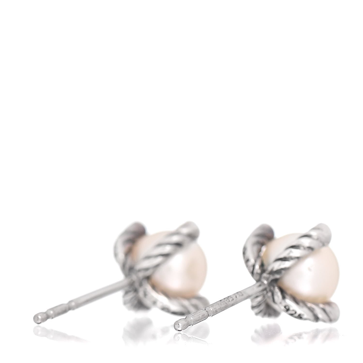 David Yurman Sterling Silver Diamond Pearl 7mm Earrings 3 of 4