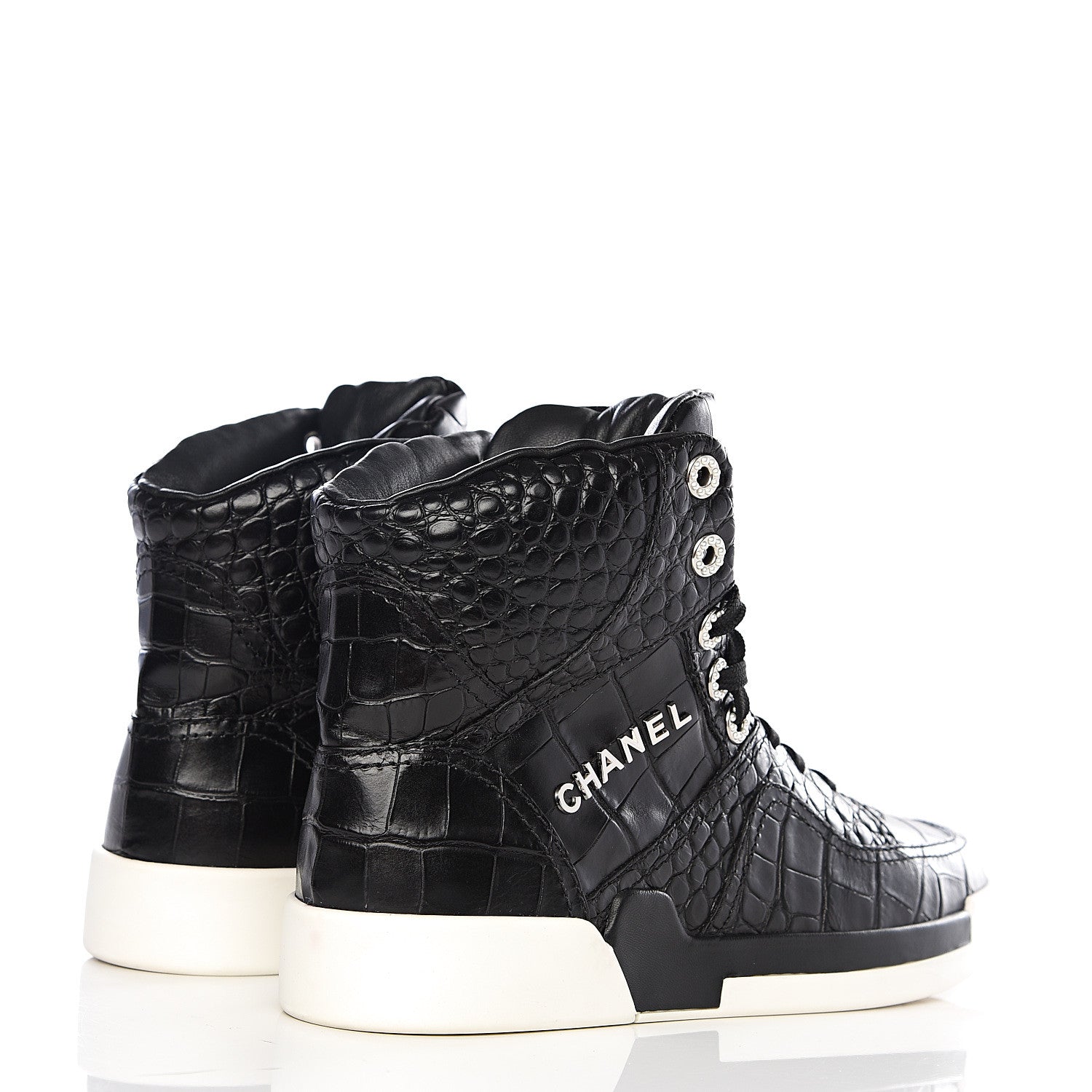 Chanel Calfskin Crocodile Embossed Cocodile High Top Sneakers 39 Black 4 of 10