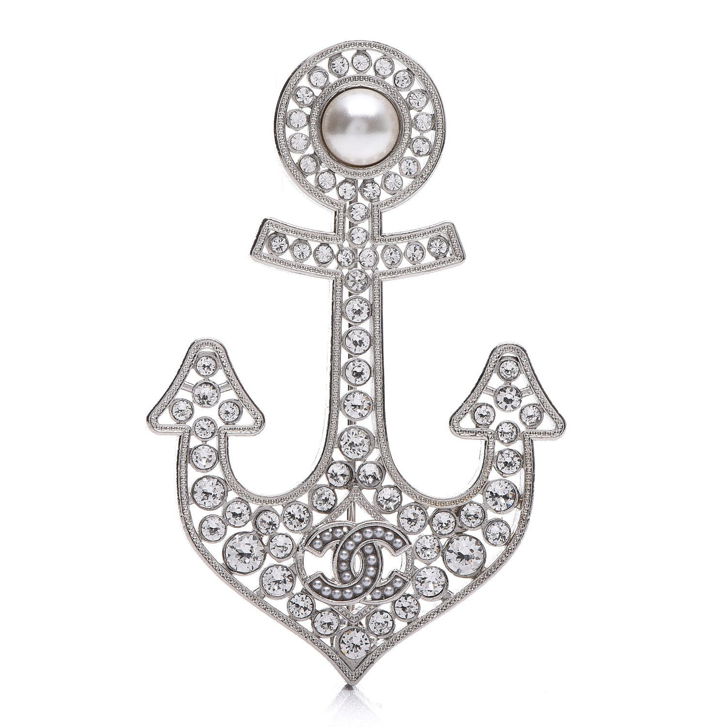 Crystal Pearl CC Anchor Brooch Silver