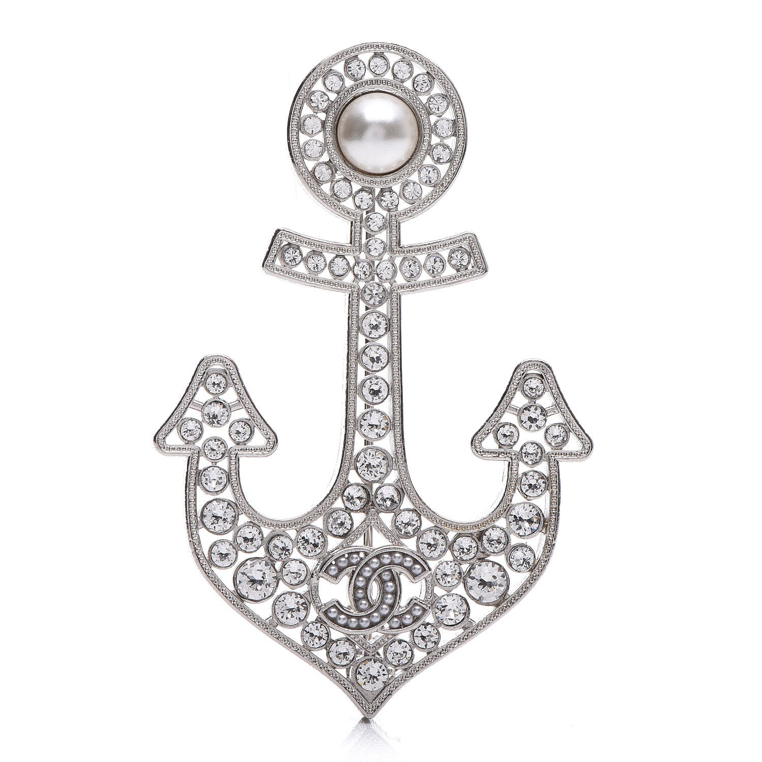 Chanel Crystal Pearl CC Anchor Brooch Silver 1 of 6