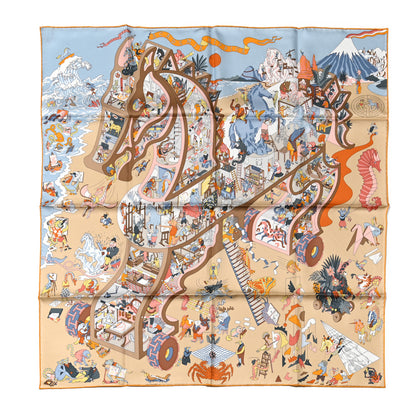 Hermes Silk Academia Hippica Scarf 90 Bleu Glacier Sable Bouton d'or 1 of 3