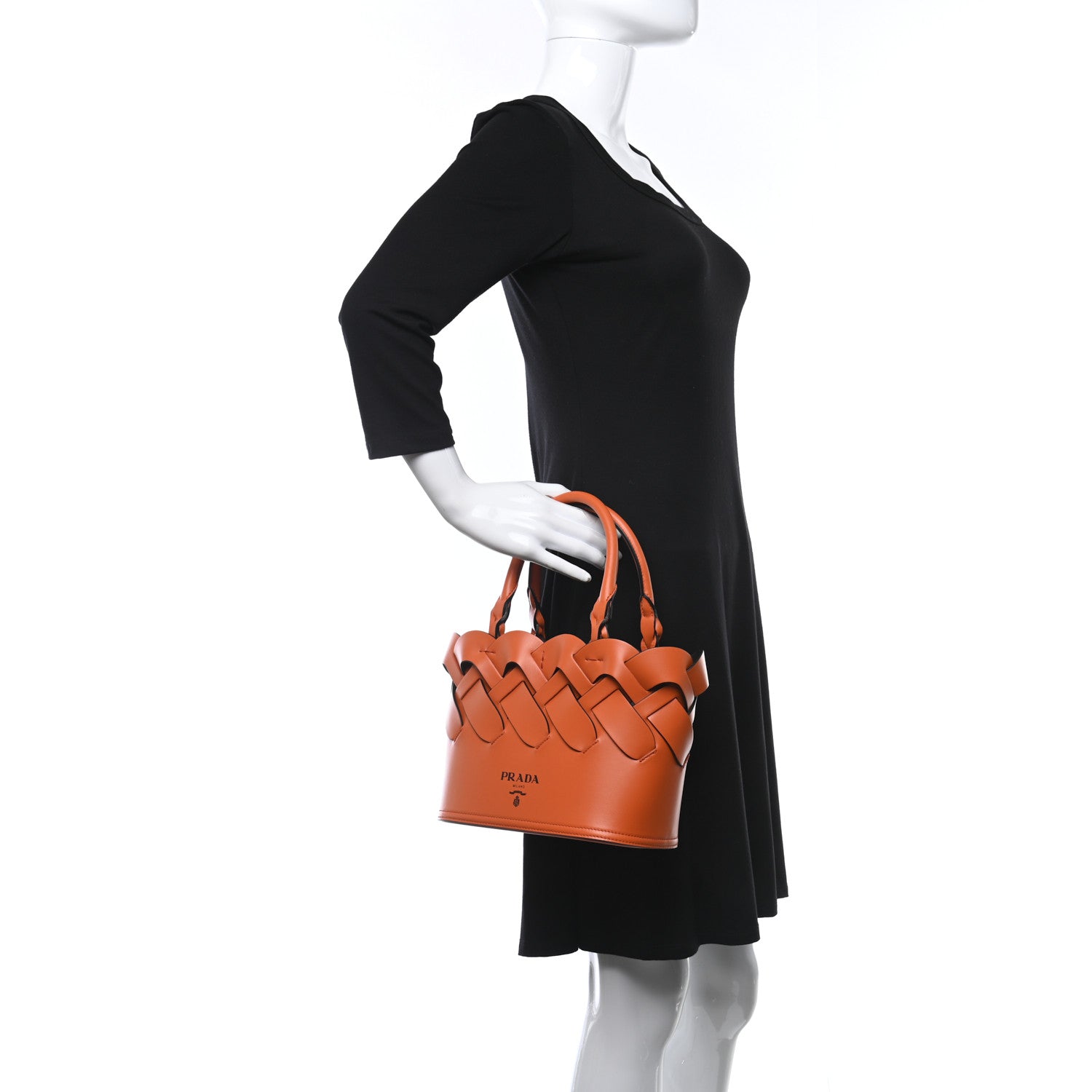 Prada Vitello Intreccio Tote Bag Papaya Black 2 of 10