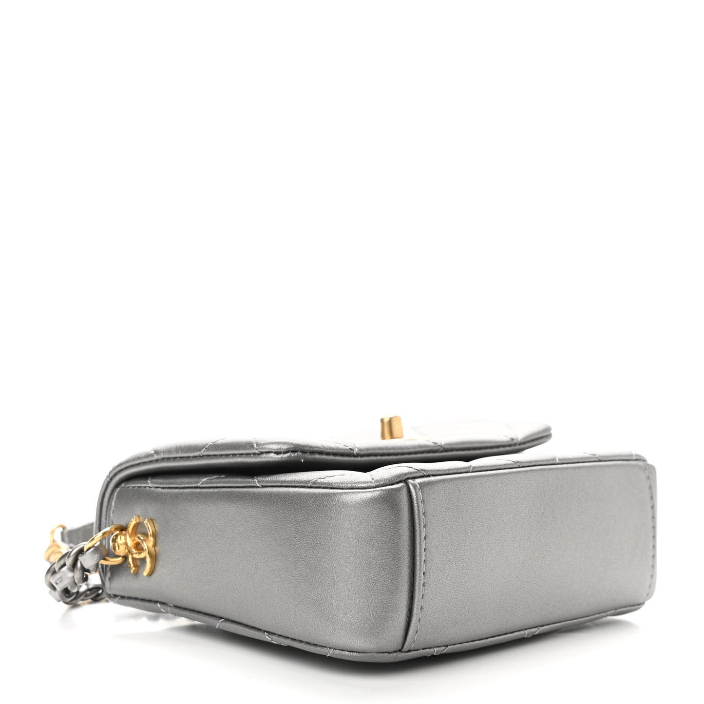 Metallic Lambskin Quilted Mini Side Note Flap Grey