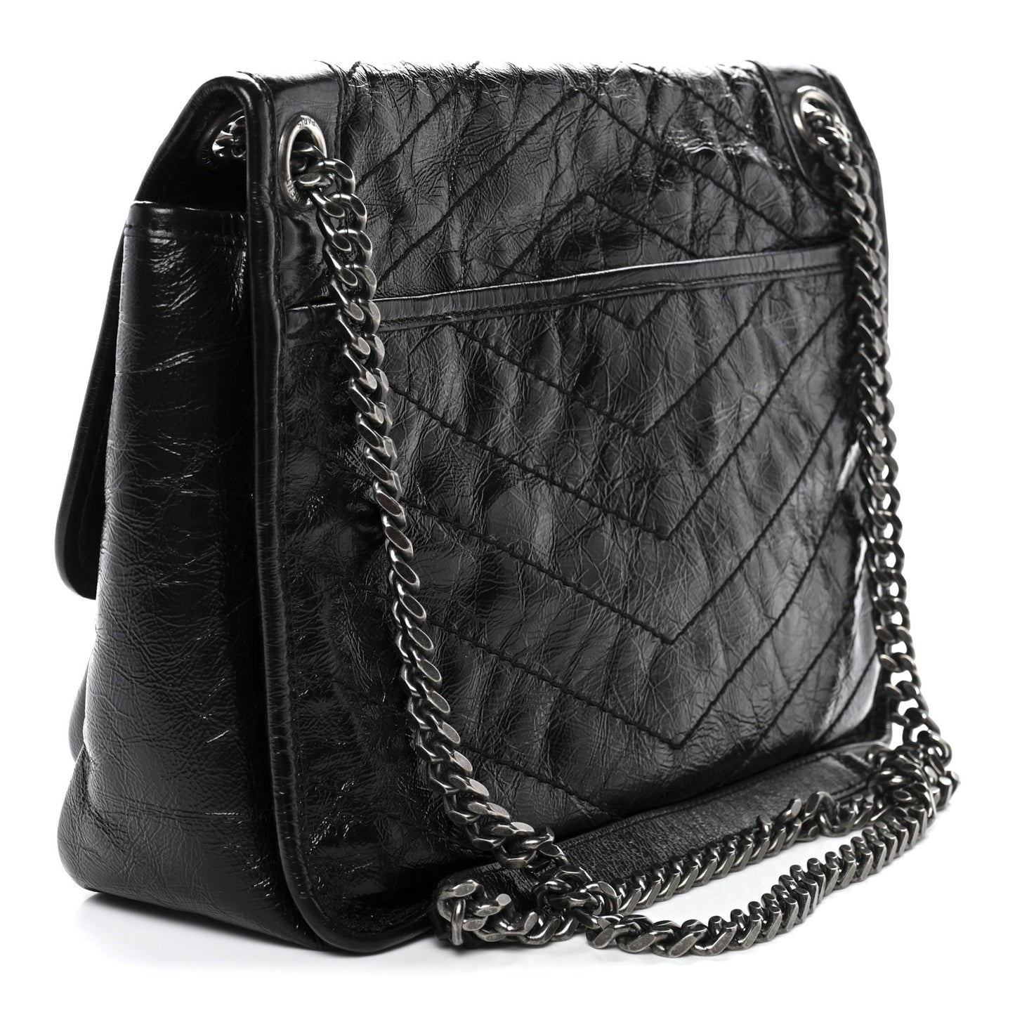 Crinkled Calfskin Matelasse Monogram Medium Niki Chain Satchel Black