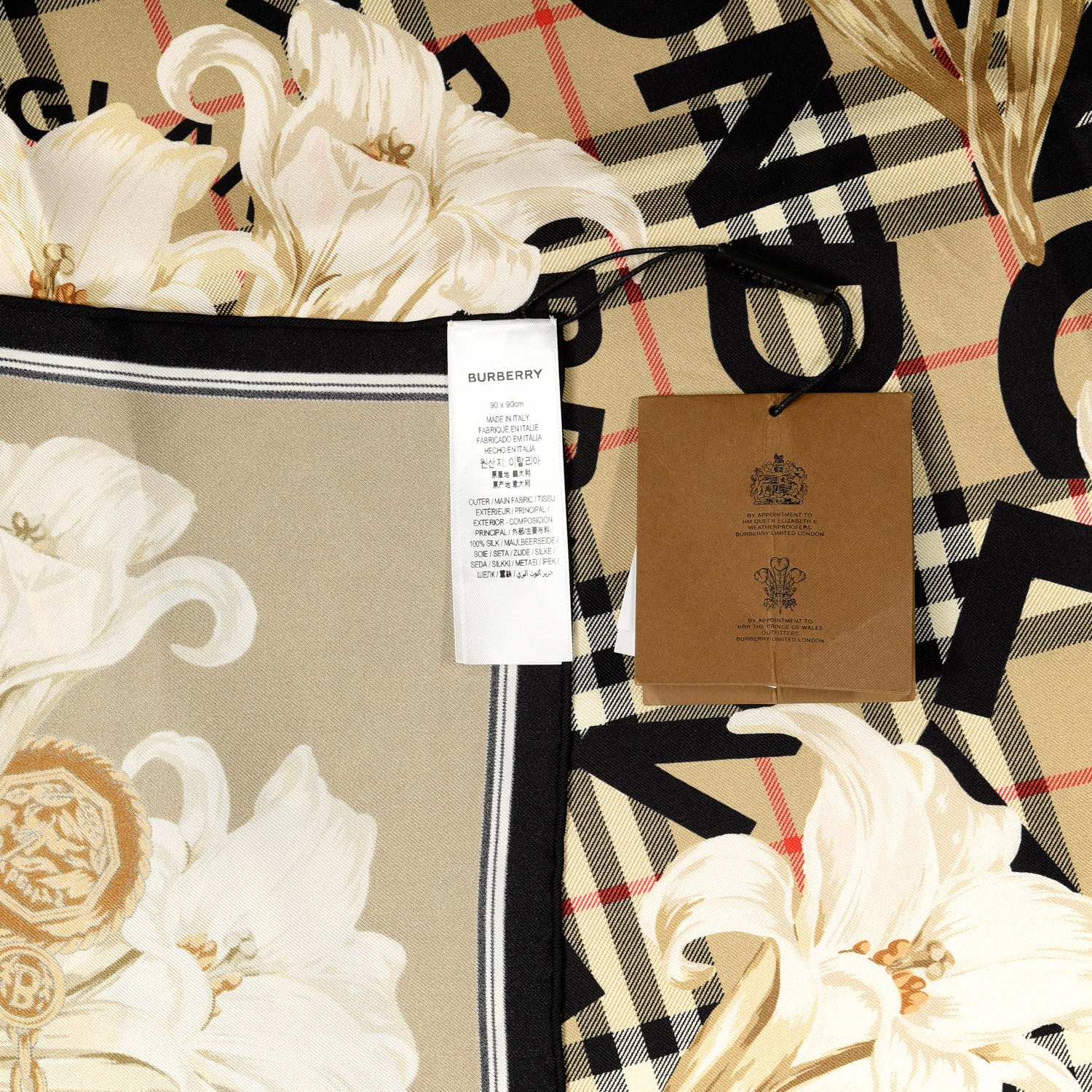 Burberry Silk Check Lillies Square Scarf Archive Beige 3 of 3