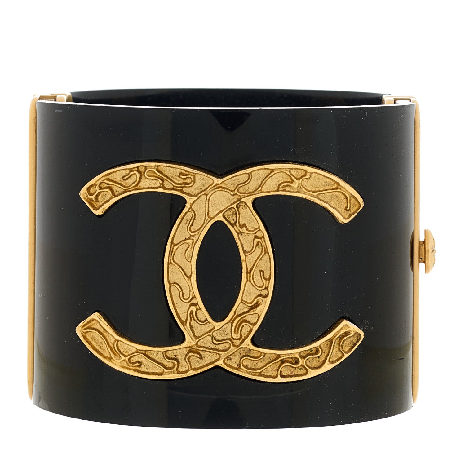 Chanel Resin CC Paris Button Cuff Bracelet Black Gold 1 of 5
