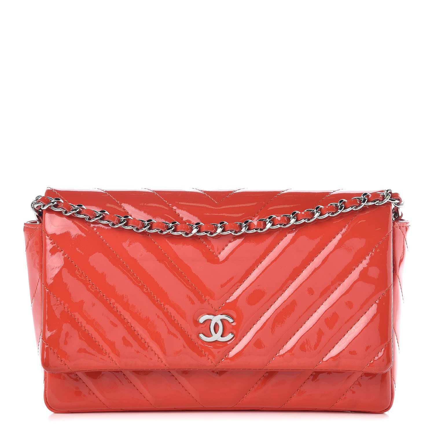 Chanel Patent Calfskin Chevron Quilted Wallet On Chain WOC Red 1 of 12