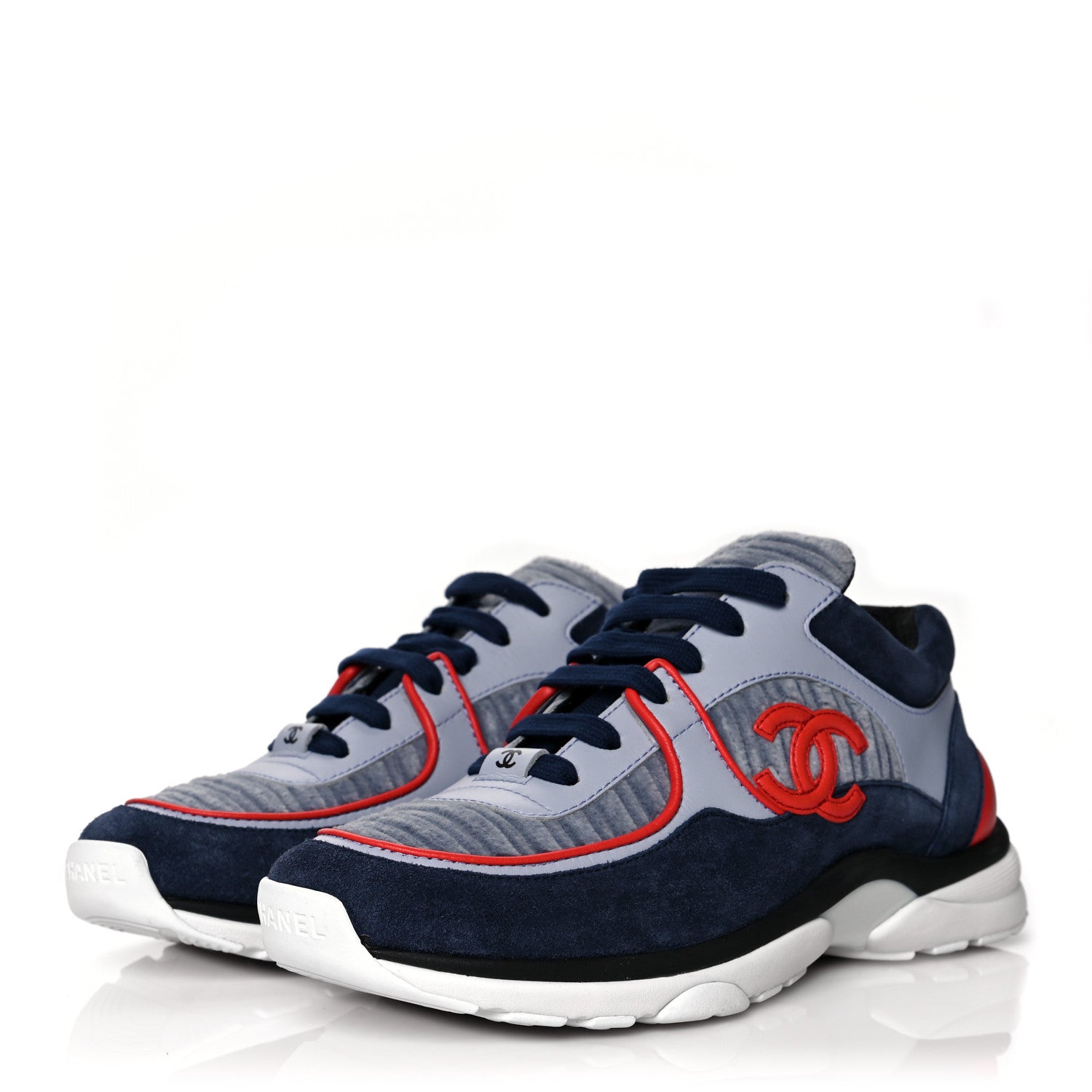 Chanel Suede Calfskin Womens CC Sneakers 37 Grey Red Blue 3 of 9