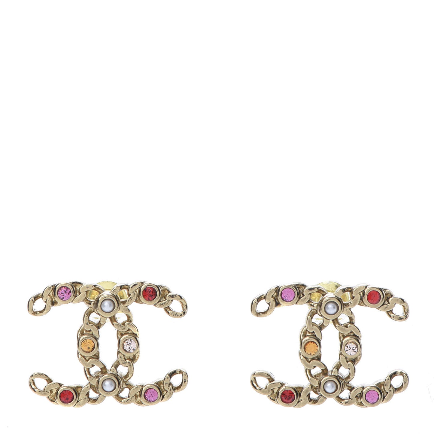 Pearl Crystal Chain Link CC Earrings Gold Red Pink Yellow
