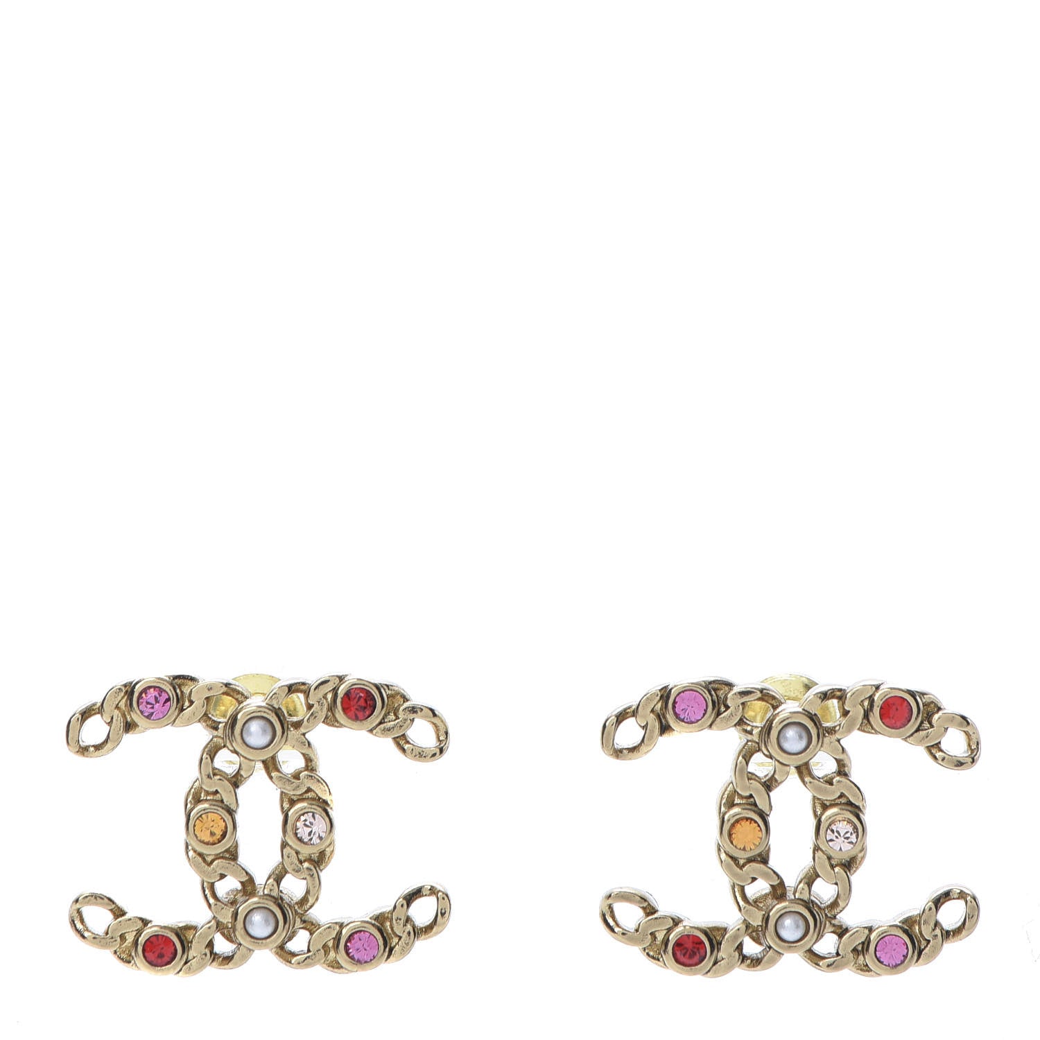 Chanel Pearl Crystal Chain Link CC Earrings Gold Red Pink Yellow 1 of 5