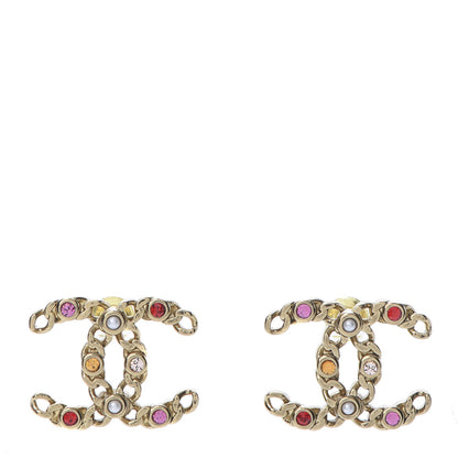 Chanel Pearl Crystal Chain Link CC Earrings Gold Red Pink Yellow 1 of 5