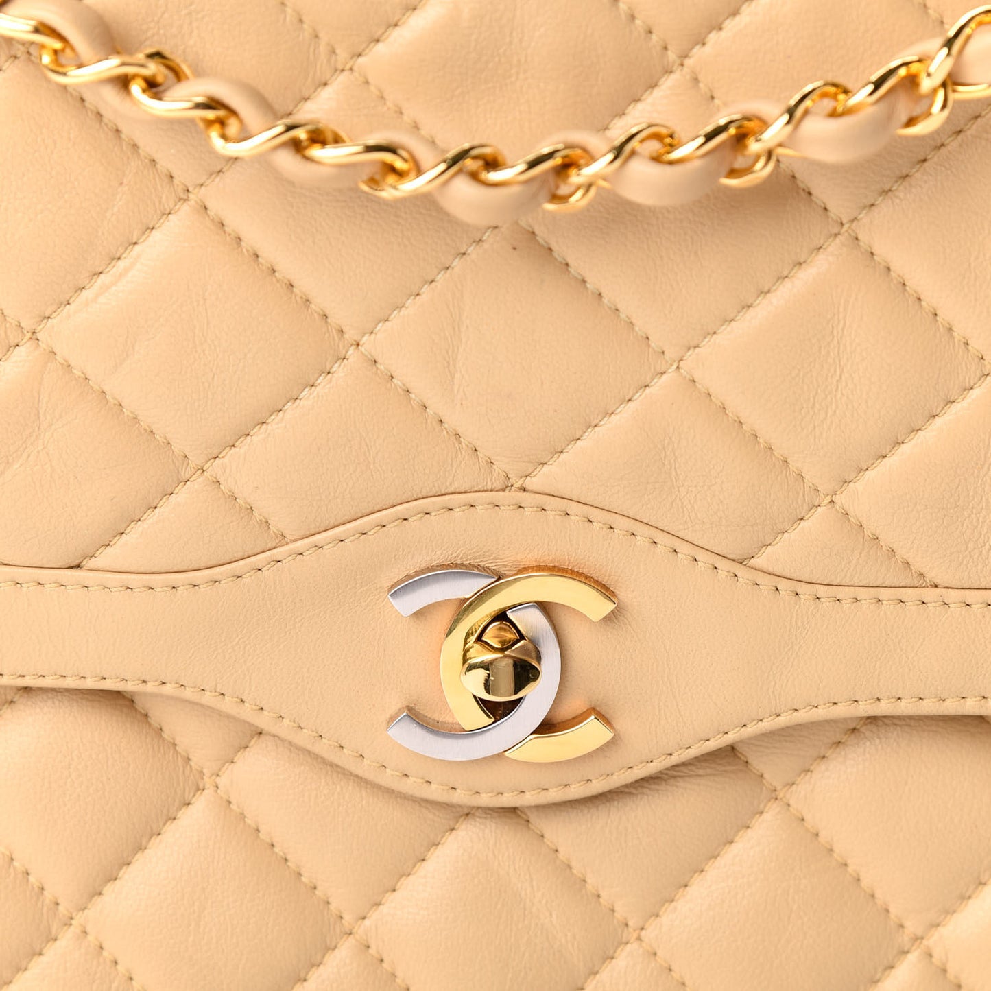 Lambskin Quilted Medium Double Flap Beige