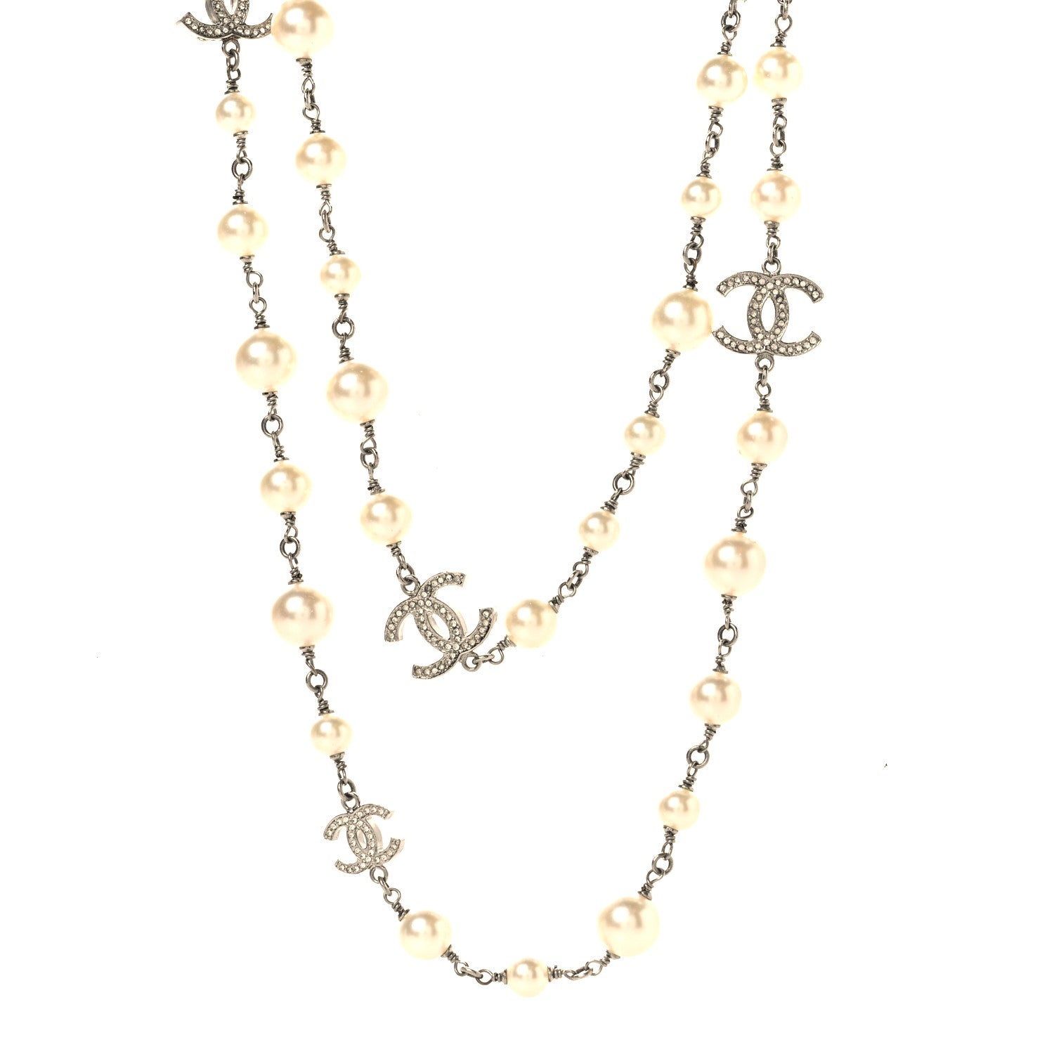 Chanel Crystal Pearl CC Long Necklace Silver 1 of 5