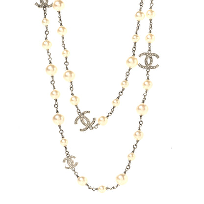 Chanel Crystal Pearl CC Long Necklace Silver 1 of 5