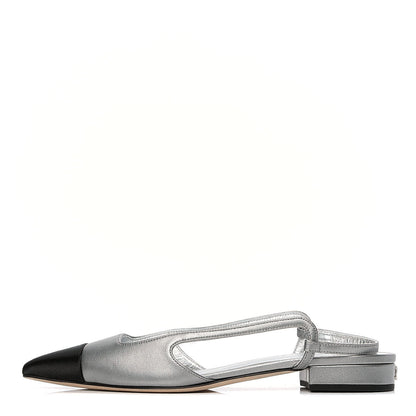 Chanel Metallic Lambskin Cap Toe CC Slingback Flats 37 Black Silver 1 of 5