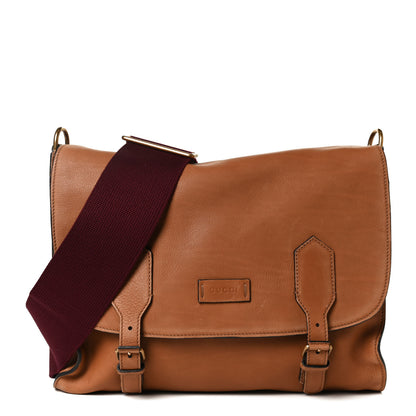 Gucci Grained Calfskin Mens Double Buckle Flap Messenger Bag Tan 1 of 15