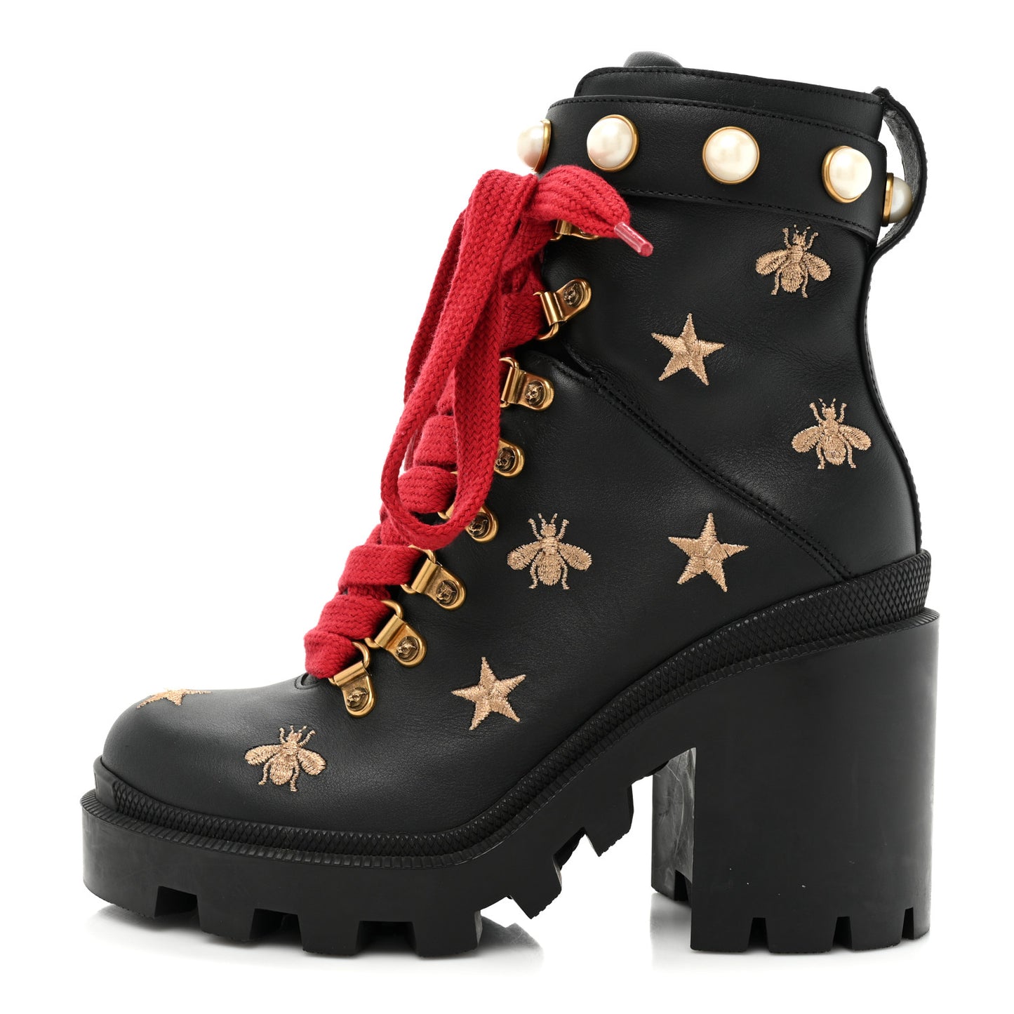 Calfskin Embroidered Lace Up Combat Ankle Boots 35.5 Black