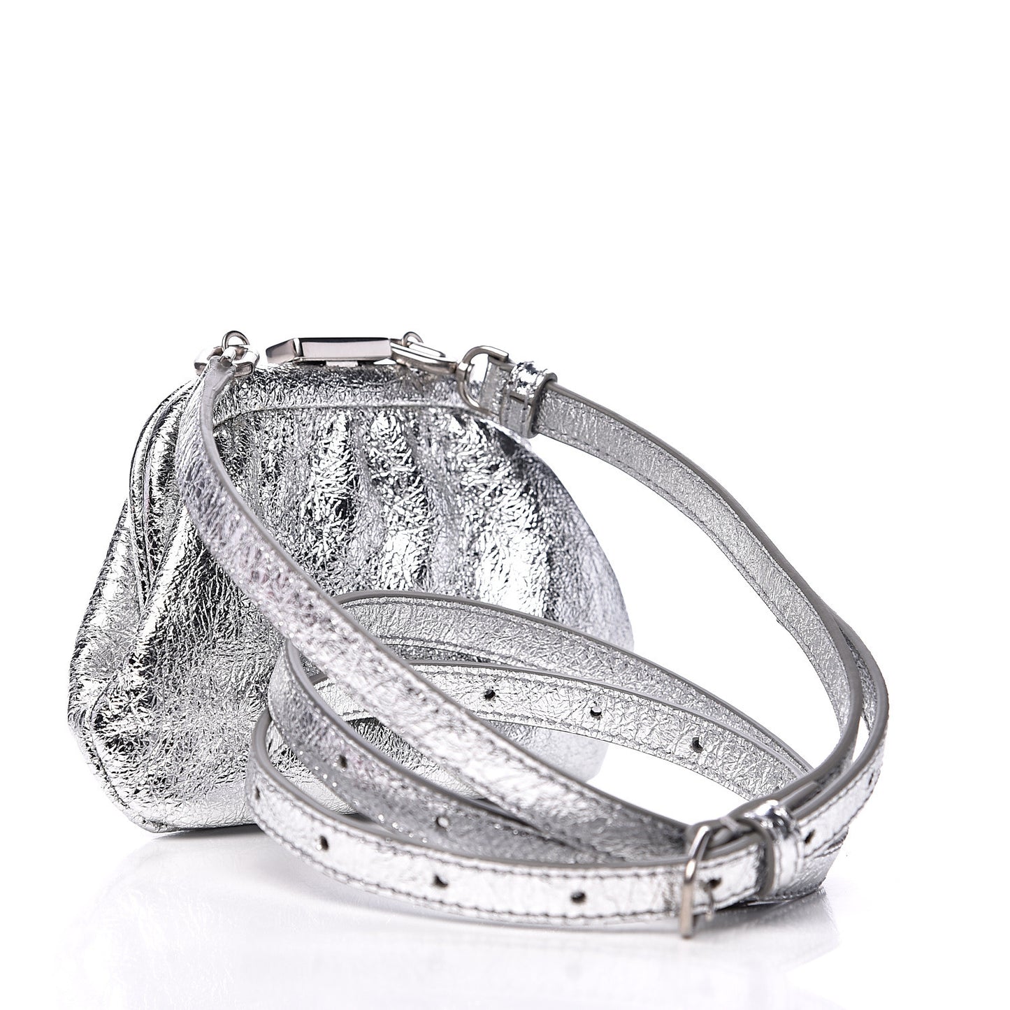 Metallic Textured Calfskin Logo Cloud Coin Purse With Strap Silver
