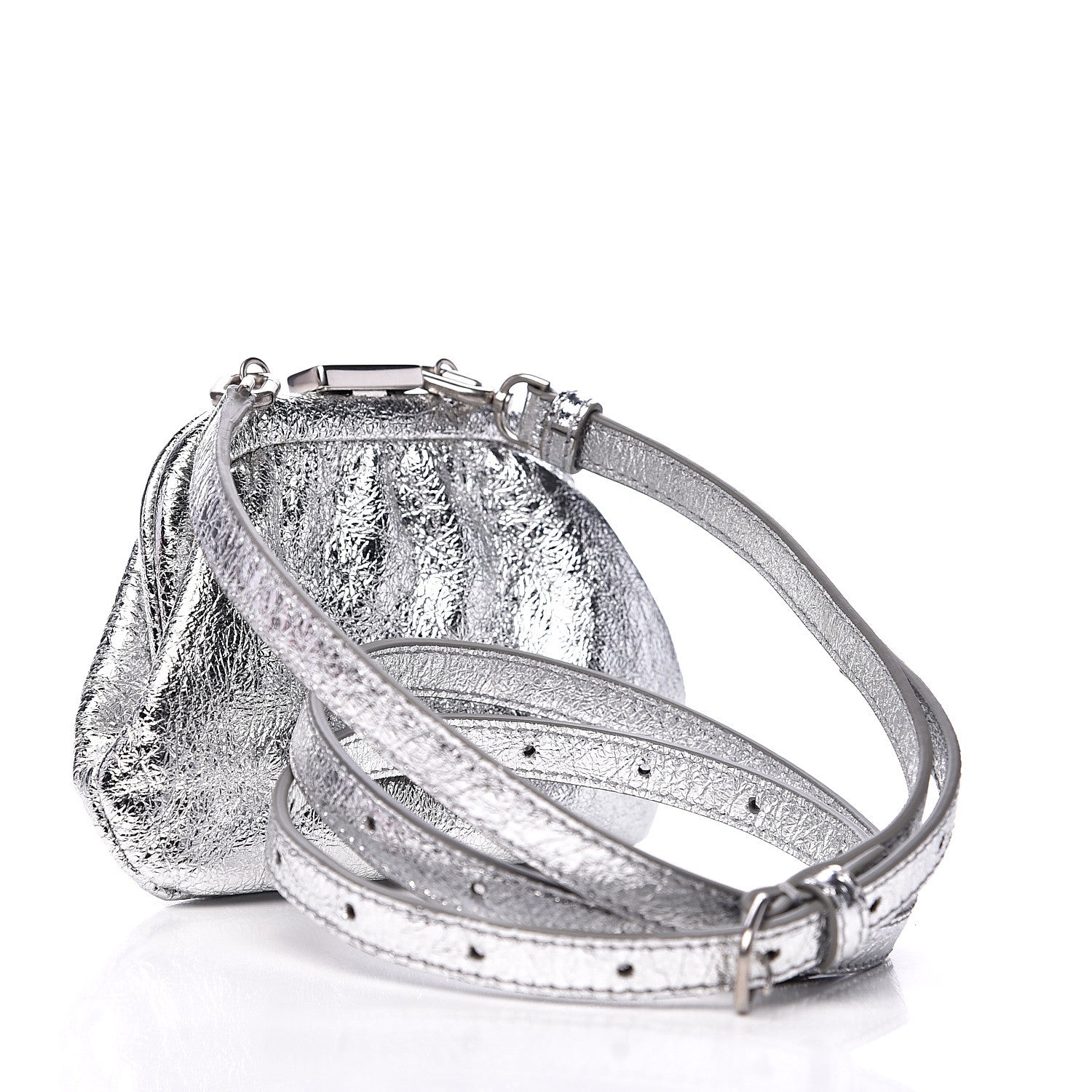 Balenciaga Metallic Textured Calfskin Logo Cloud Coin Purse With Strap Silver 2 of 9
