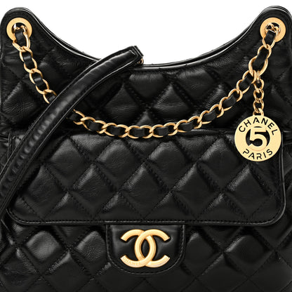 Chanel Shiny Crumpled Calfskin Quilted Wavy CC Hobo Black 8 of 11